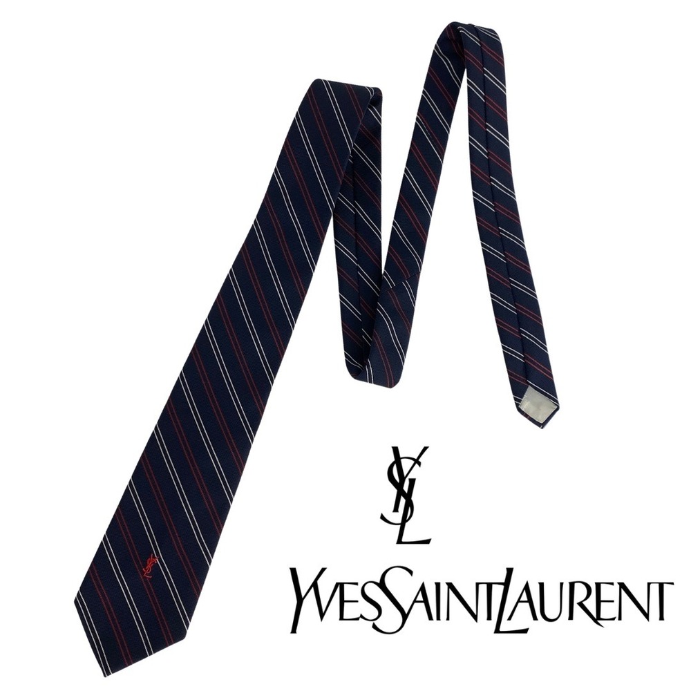 Yves Saint Laurent, Tie Navy Blue Red White Diagonal Stripe YSL Logo Mens